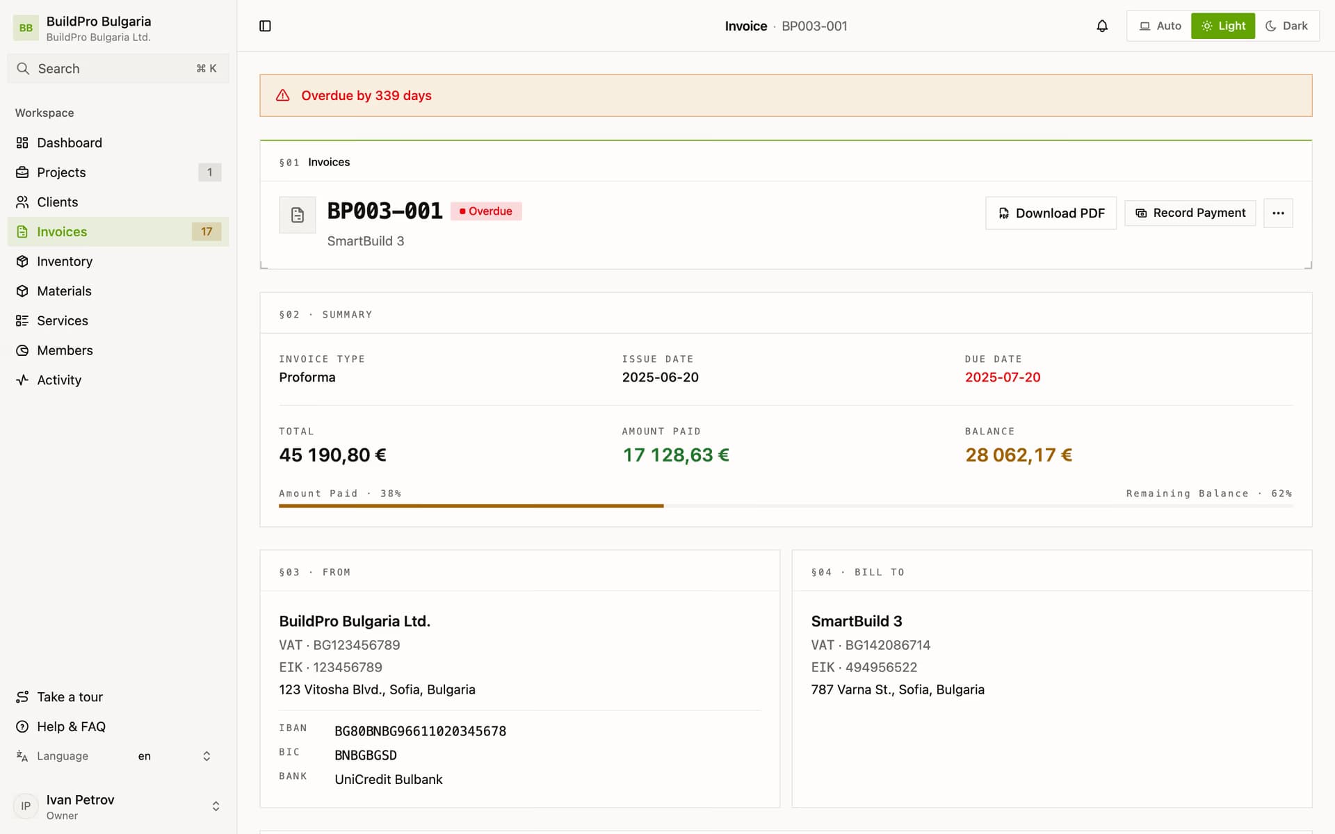 Invoice PDF preview in Bulgarian with line items and totals