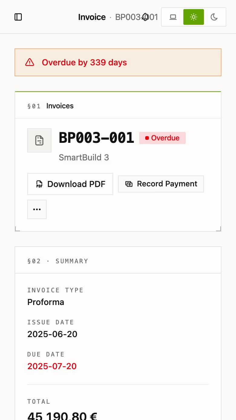 Invoice detail screen with a primary lime button reading Mark paid