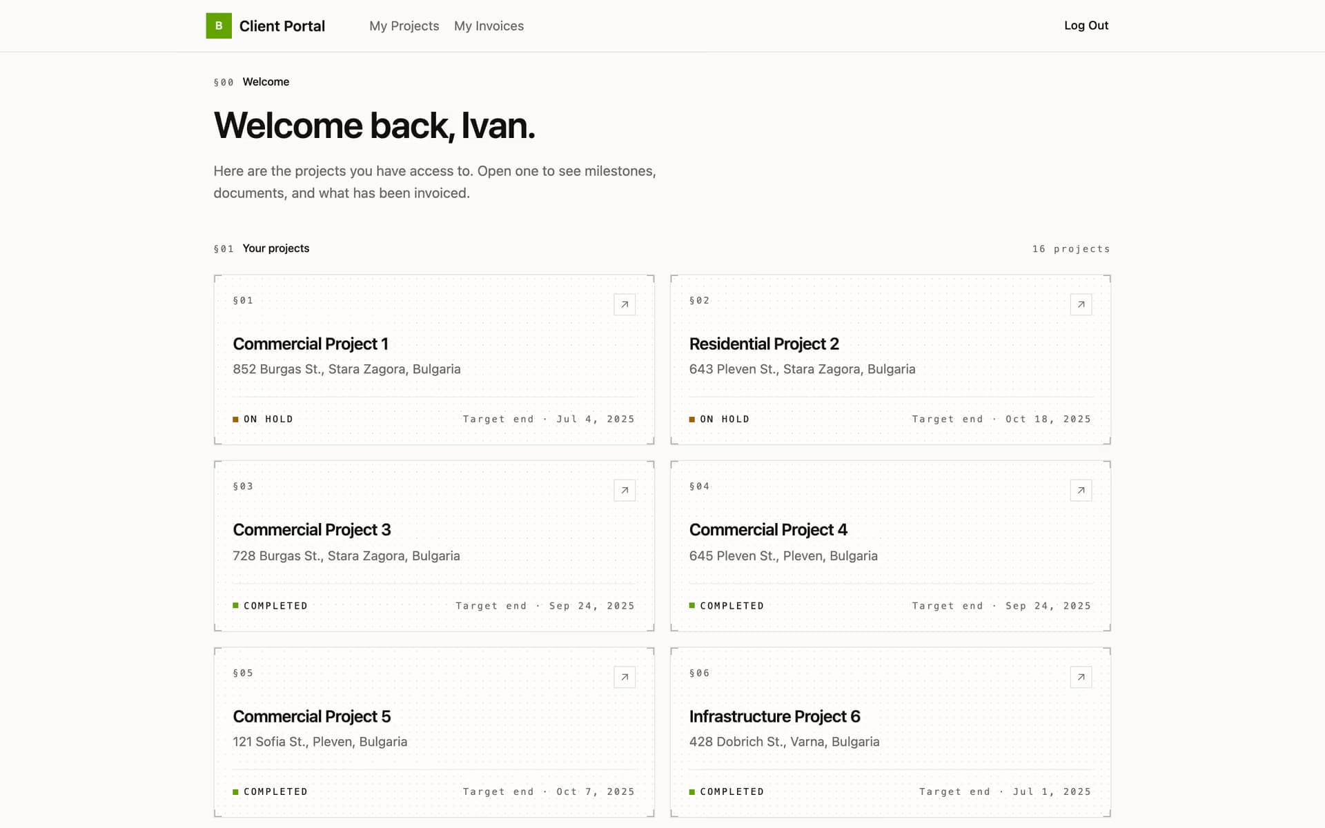 Client portal showing invoices and project status