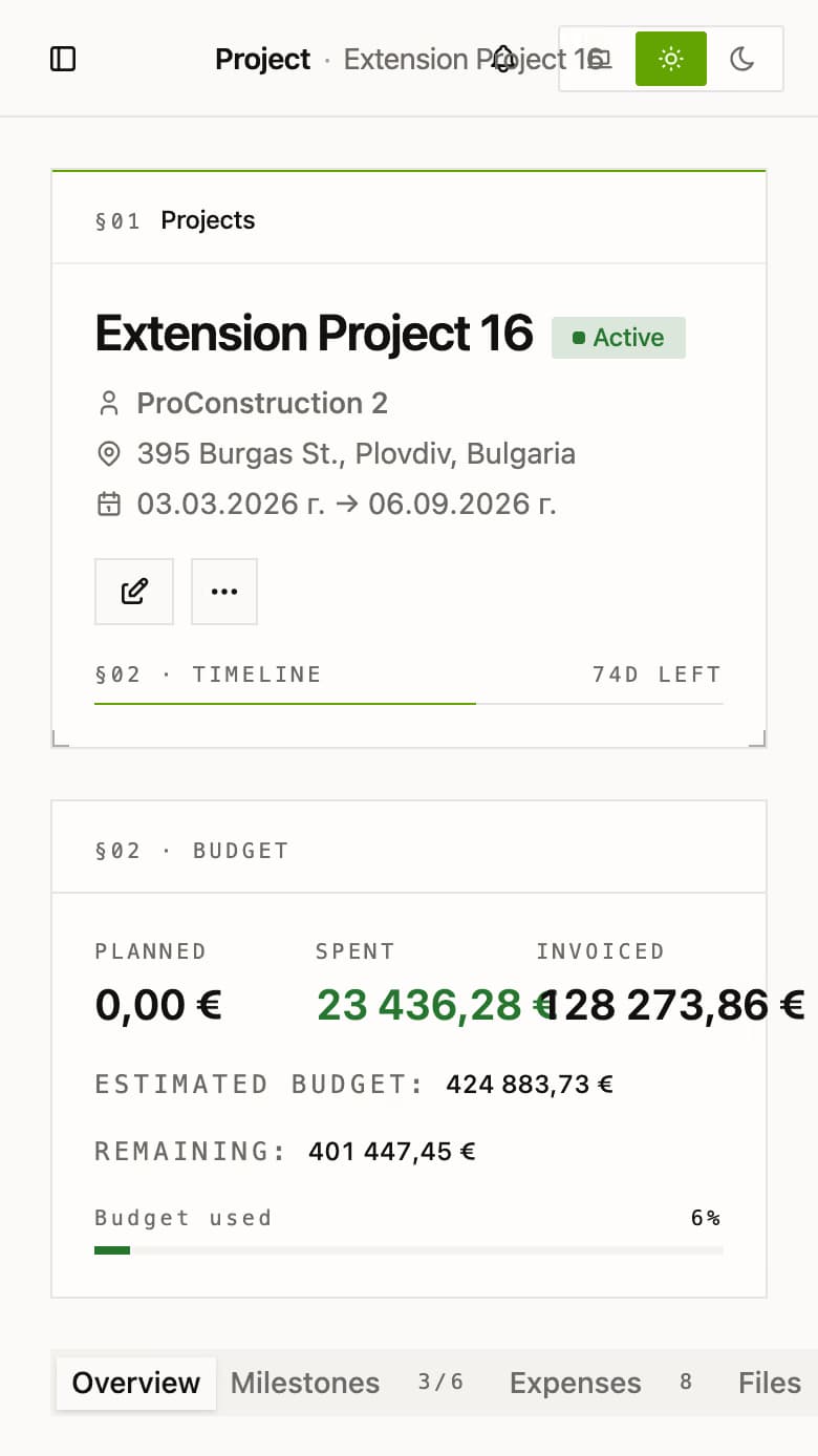 Project status screen showing milestones and crew assignments