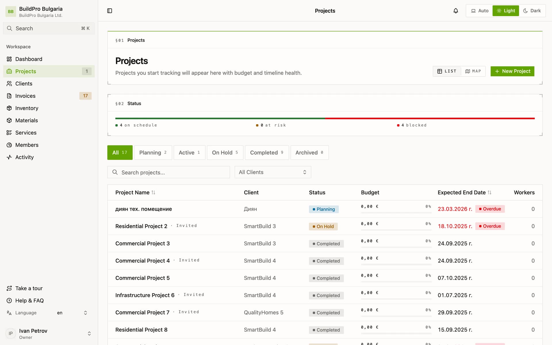 Buildpakt projects list with statuses and deadlines